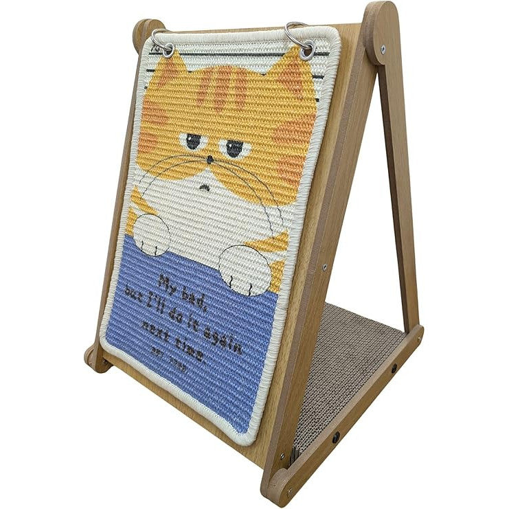 Quadro arranhador decorativo para gatos com estrutura de madeira, superfície de sisal e brinquedo suspenso, ideal para arranhar, brincar e enriquecer o ambiente.
