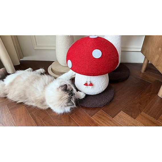 Poste arranhador para gatos em formato de cogumelo, com base estável, superfície para arranhar e brinquedos pendurados para estimular o pet.