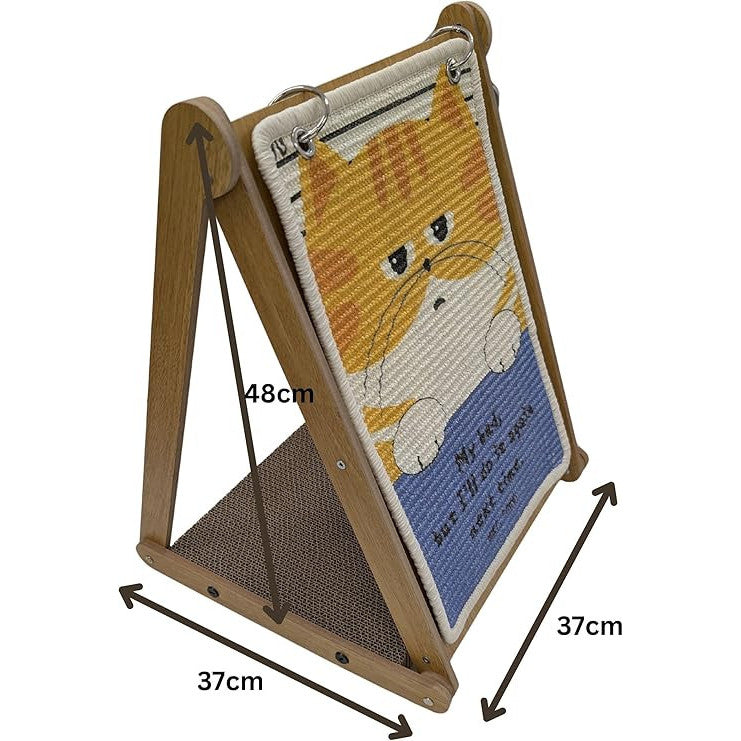 Quadro arranhador decorativo para gatos com estrutura de madeira, superfície de sisal e brinquedo suspenso, medidas 48x37x37