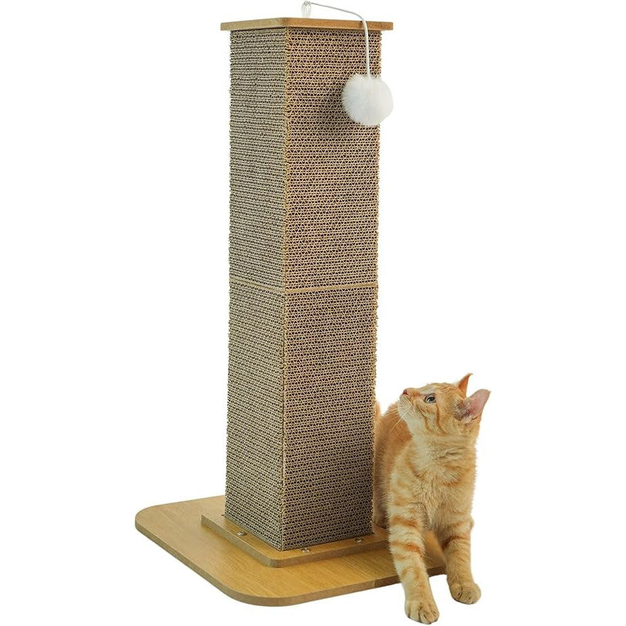 Torre poste arranhador para gatos 56 cm, com estrutura em papelão, base de madeira e bolinha interativa, ideal para arranhar, brincar e estimular o pet.