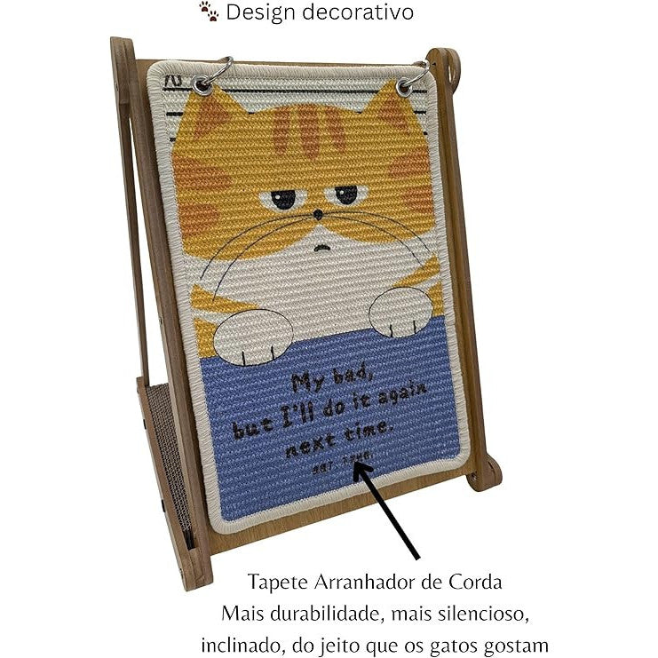 Quadro arranhador decorativo para gatos com estrutura de madeira, superfície de sisal e brinquedo suspenso, qualidades