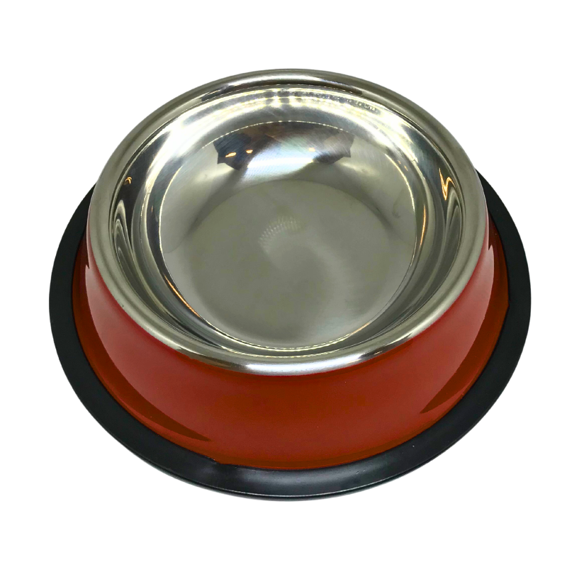 Comedouro de aço inox para cachorro com base antiderrapante vermelha