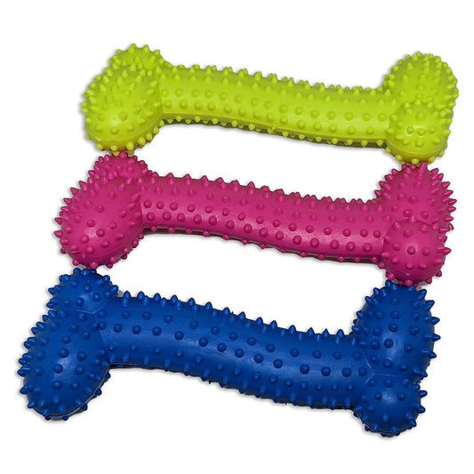 Brinquedo mordedor para cachorro osso cravo espinho 15,5 cm, com textura massageadora e cores sortidas, ideal para morder, brincar e estimular o pet.
