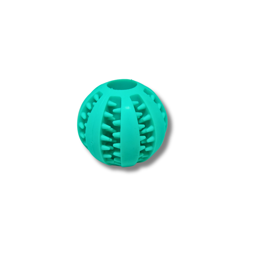 Bola mordedora dental azul para cães com textura em relevo para limpeza dos dentes.