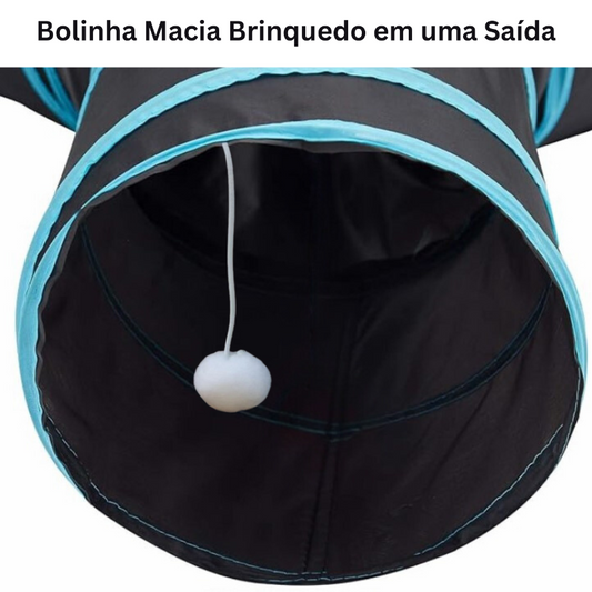 Brinquedo túnel para gatos dobrável com bolinha suspensa preto e azul