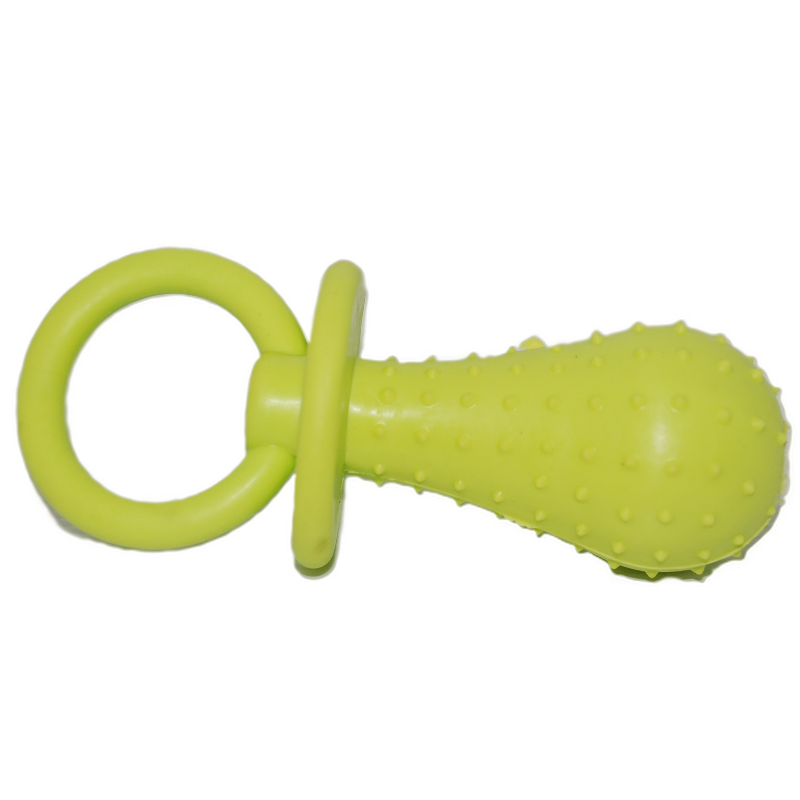 Mordedor pet chupeta verde com alça circular e ponta texturizada para mastigação.