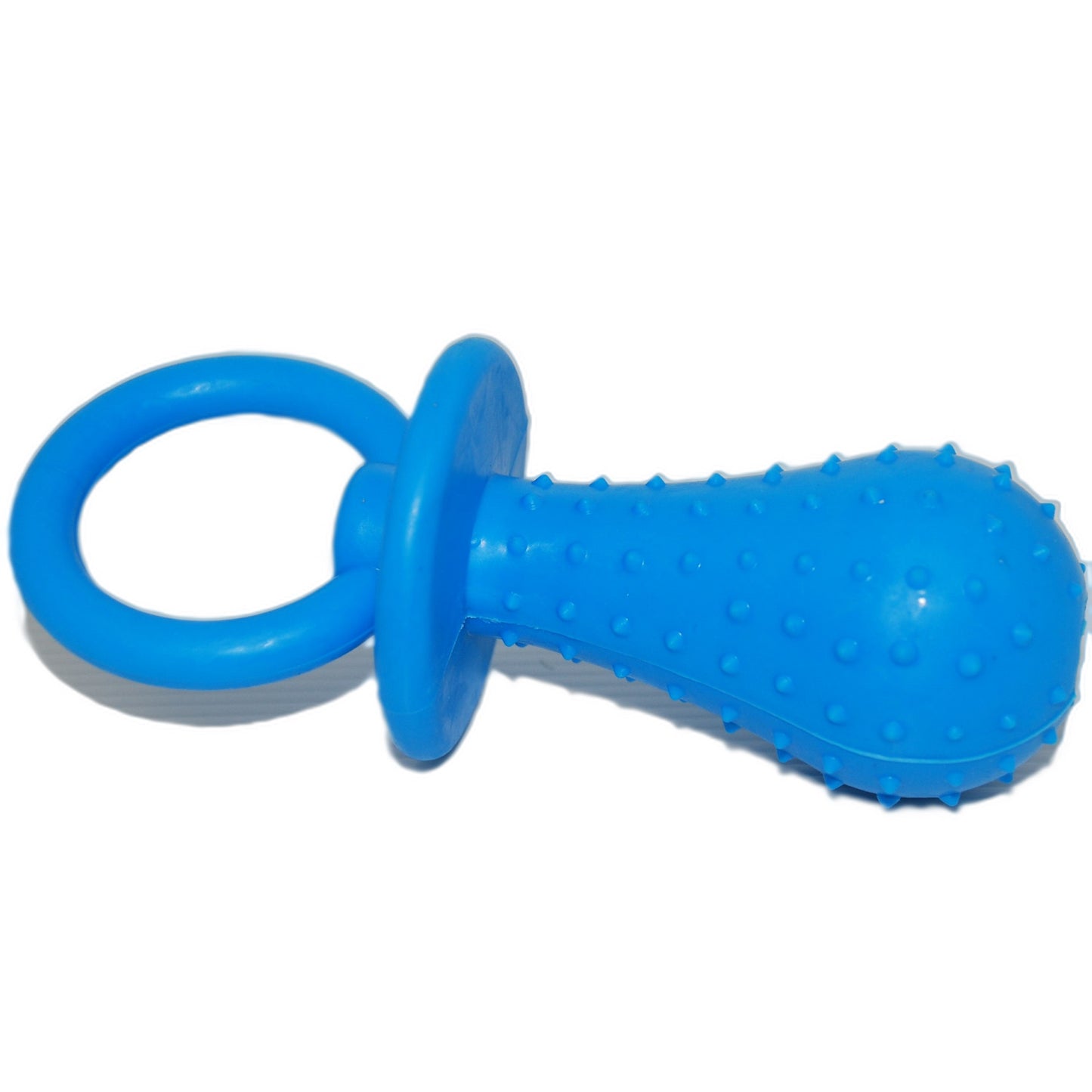 Mordedor pet chupeta azul com alça circular e ponta texturizada para mastigação.