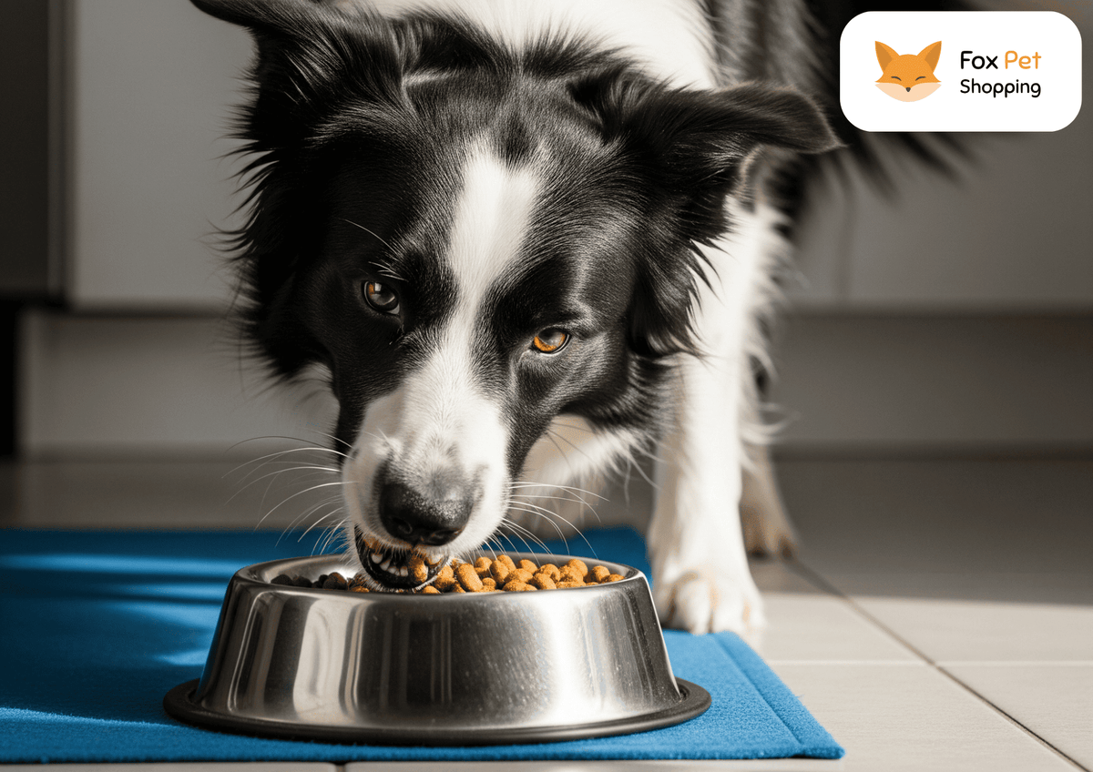 Cachorro preto e branco comendo ração em comedouro de aço inox com base antiderrapante, sobre tapete azul.