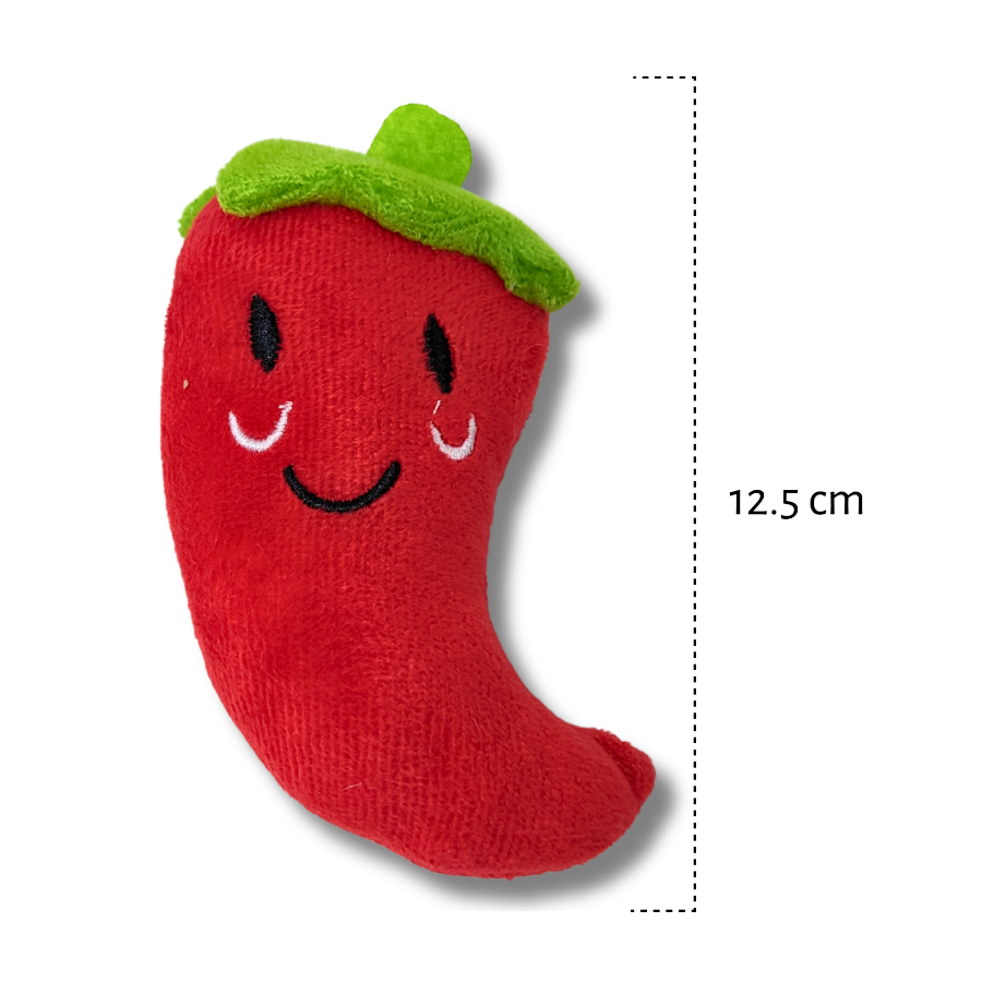 Brinquedo de pelúcia para pets em formato de pimenta vermelha medindo 12,5 cm.