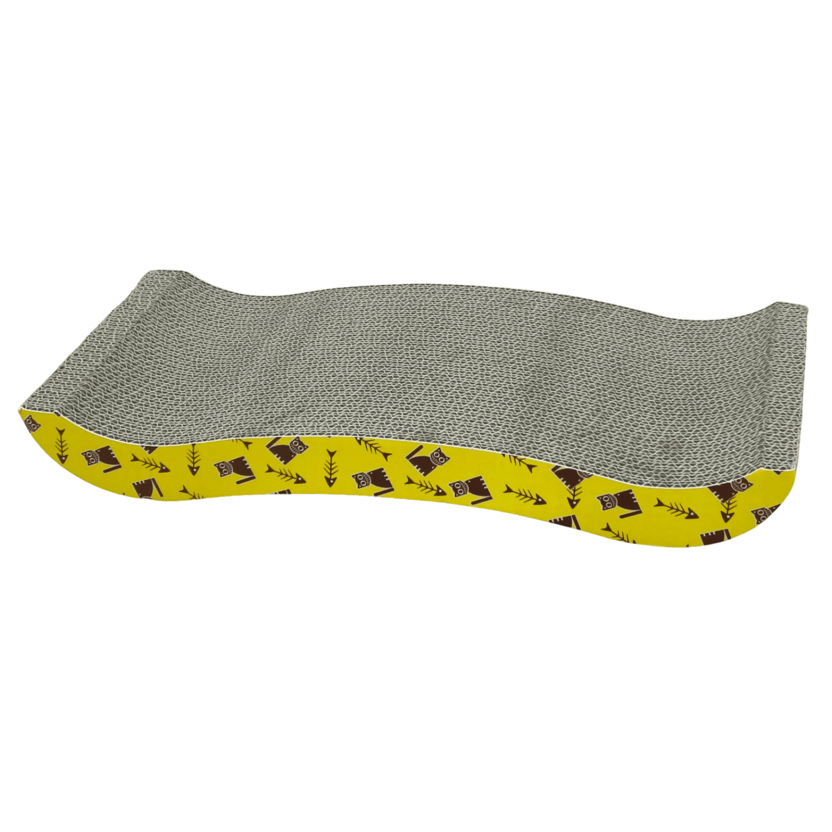 Arranhador para gatos em papelão ondulado, com superfície cinza texturizada, formato retangular com bordas curvas e laterais amarelas estampadas com desenhos de corujas e espinhas