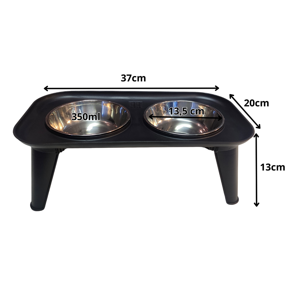 Medidas do comedouro elevado duplo pet com 37x20x13 cm e tigelas de inox de 350 ml.