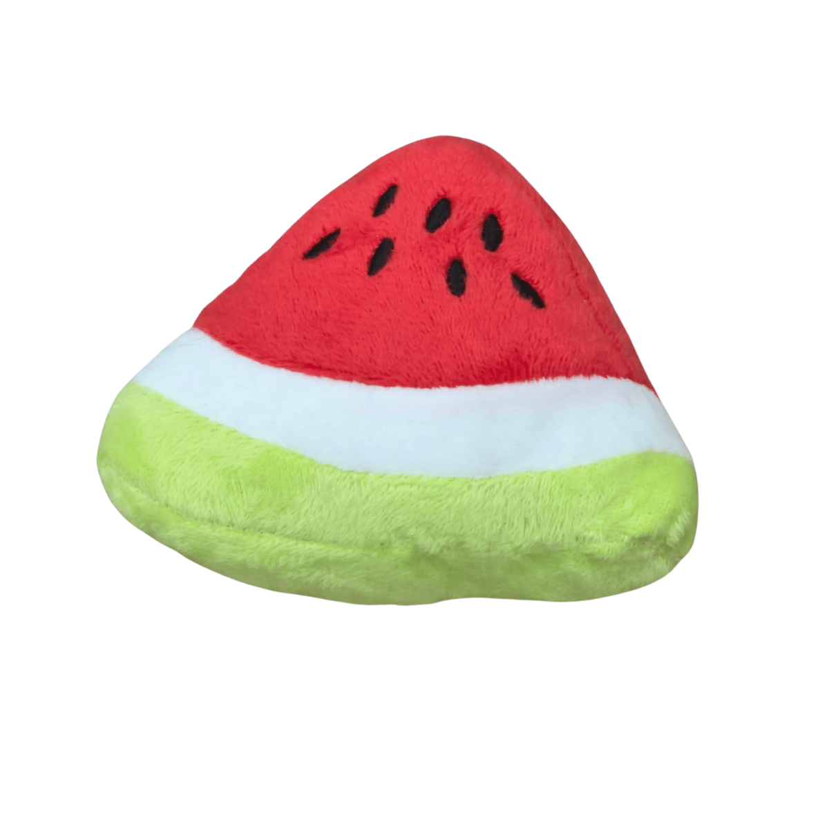 Brinquedo de pelúcia para cachorro em formato de fatia de melancia, macio e colorido, ideal para brincar, morder e estimular o pet no dia a dia.