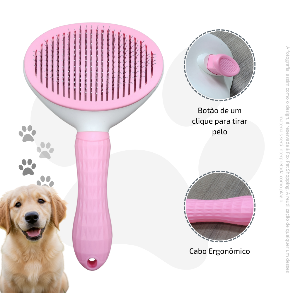 Escova removedora de pelos rosa para pets com pinos metálicos, tamanho 10 x 19 cm.