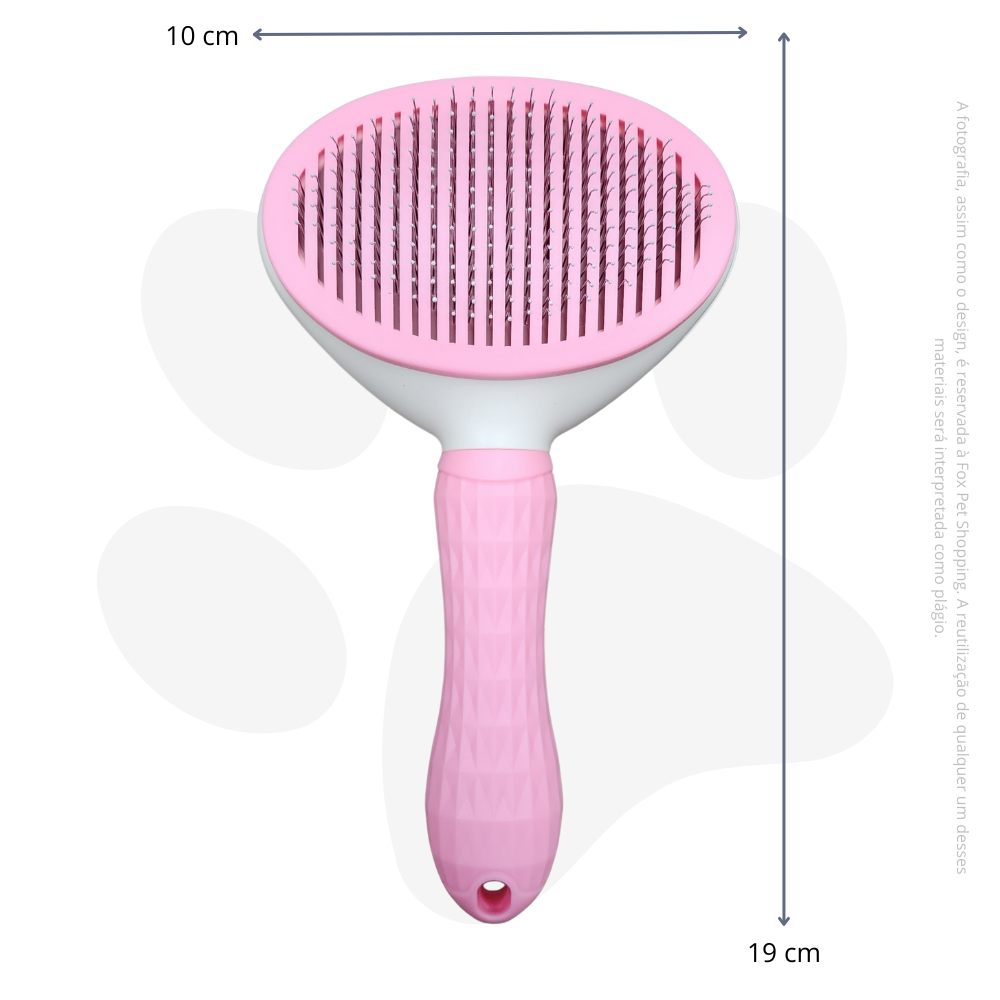 Escova removedora de pelos rosa para pets com pinos metálicos, tamanho 10 x 19 cm.