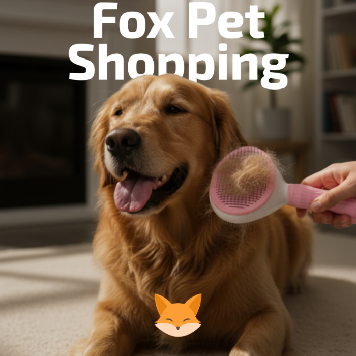 Golden Retriever sendo escovado com escova removedora de pelos em imagem da Fox Pet Shopping.
