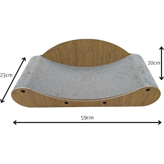 Cama arranhador para gatos em papelão kraft, com formato curvo e superfície ampla para arranhar, medidas 23x59x20