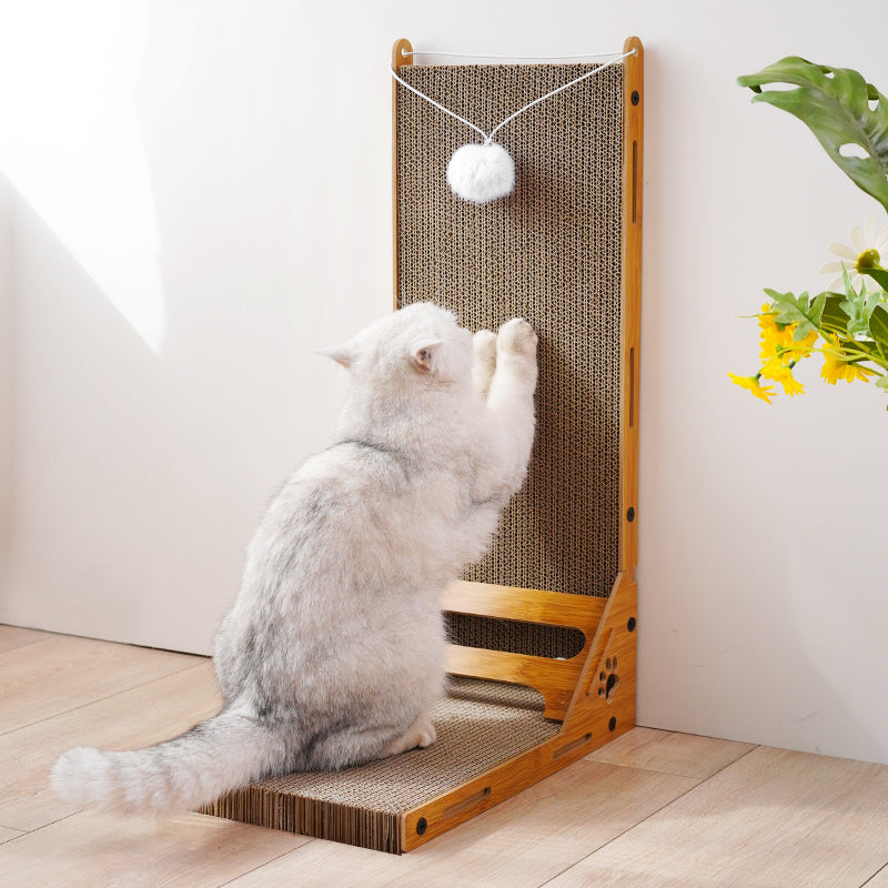 Arranhador em L modelo parede para gatos com papelão reforçado, base de descanso e brinquedo