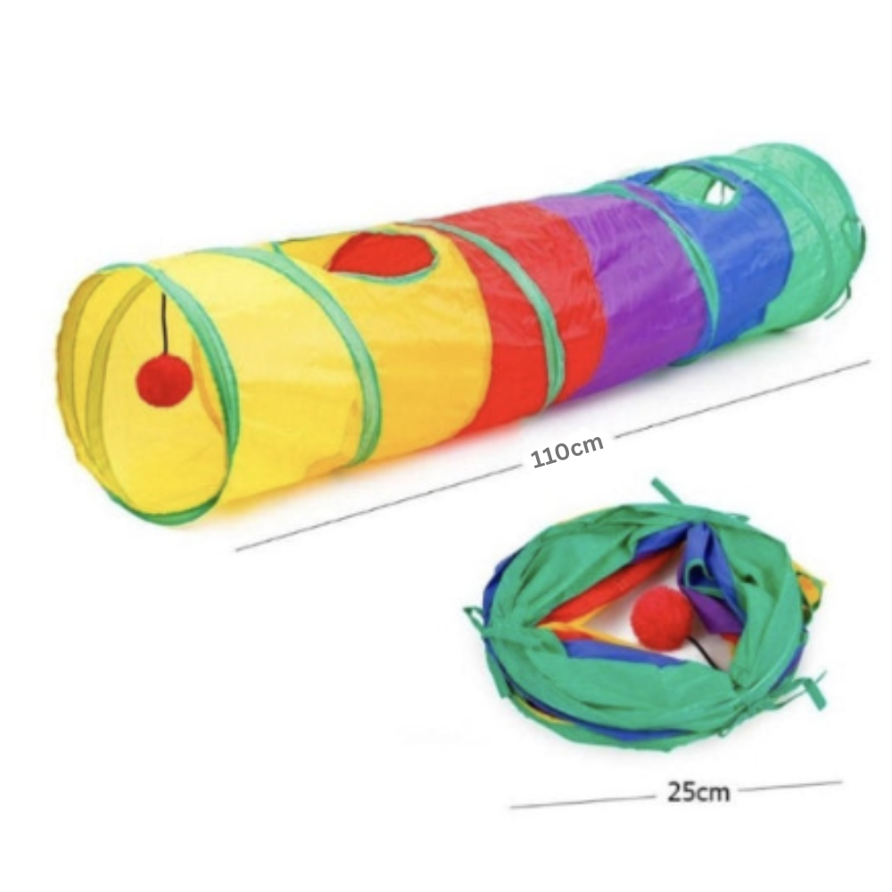 Túnel para gatos 1,1 m colorido e dobrável, com bola pendurada para brincar, ideal para estimular, entreter e enriquecer o ambiente do pet.