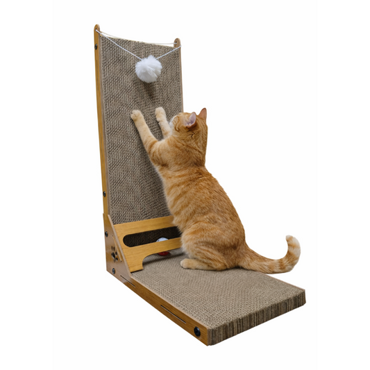 Arranhador em L para gatos com papelão reforçado, base de descanso e brinquedo com pompom