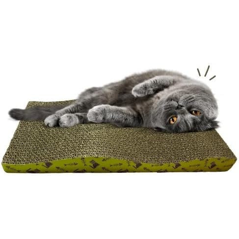 Arranhador de papelão para gatos com base decorada e benefícios para unhas e estresse.