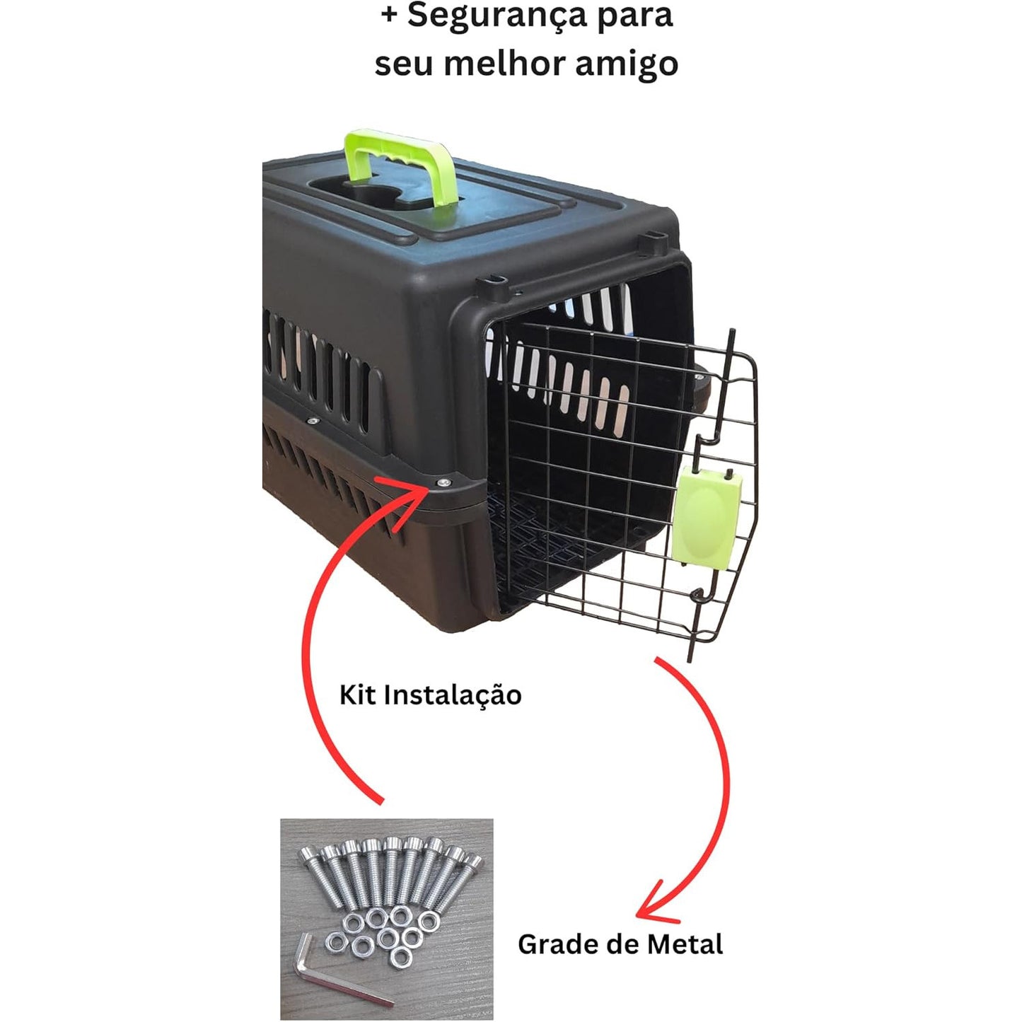Caixa de transporte pet com grade de metal e kit de instalação para montagem.