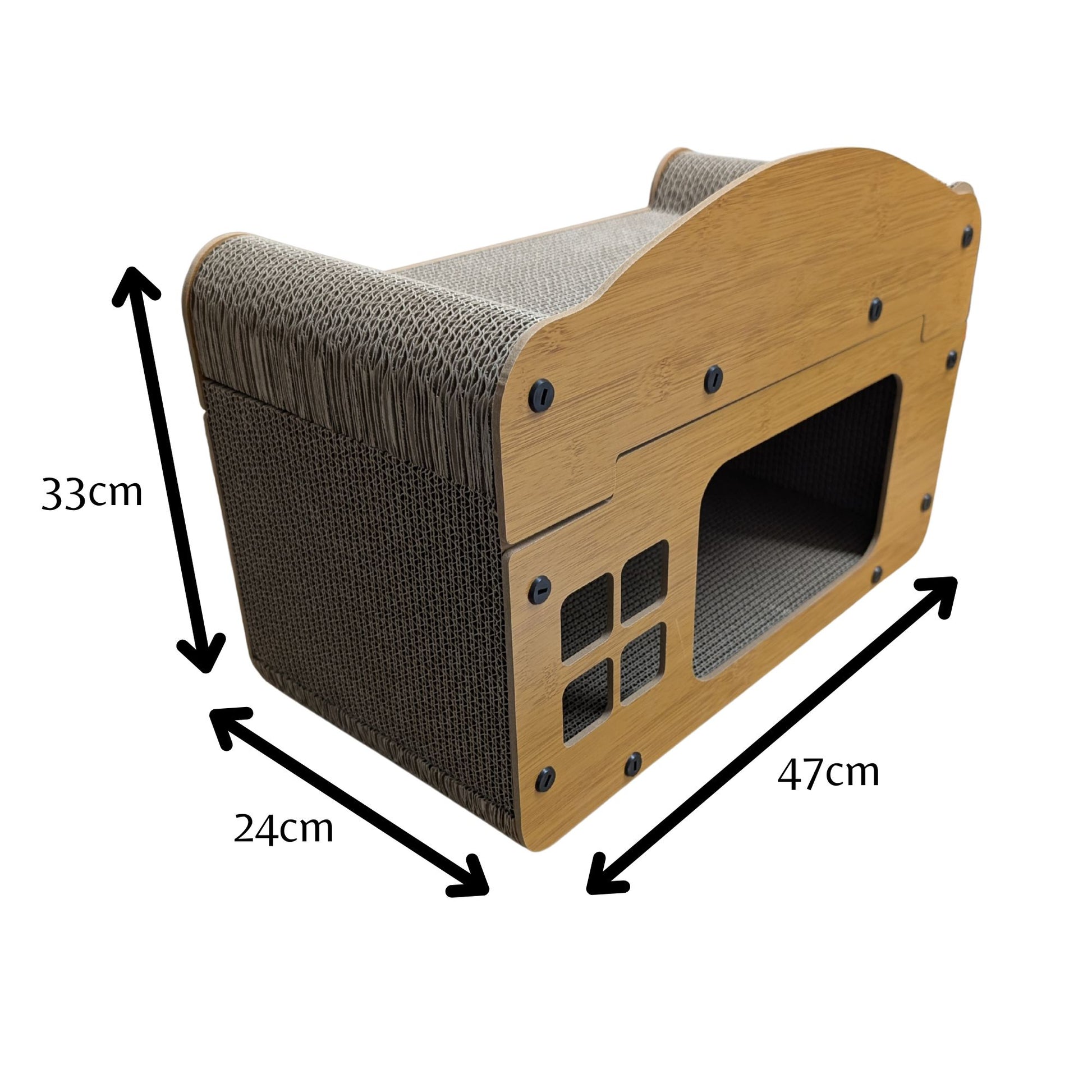 Casa arranhador para gatos de 2 andares em papelão kraft, com área interna para descanso e superfícies para arranhar, medidas 47x33x24
