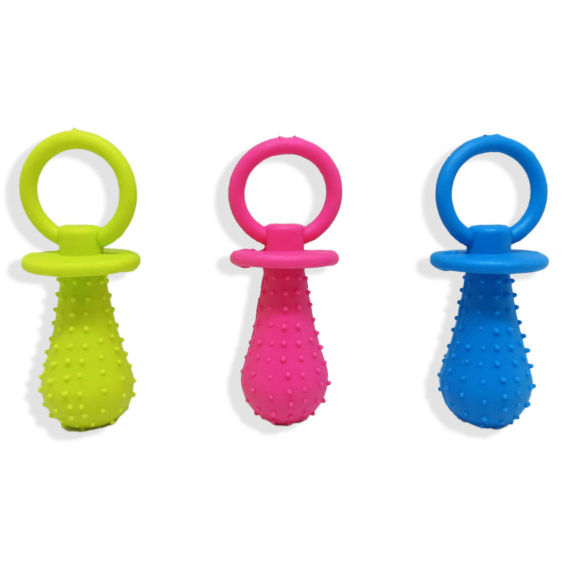 Brinquedo mordedor para cachorro em formato de chupeta 9.5cm, com textura massageadora e cores sortidas, ideal para morder, brincar e aliviar o estresse.