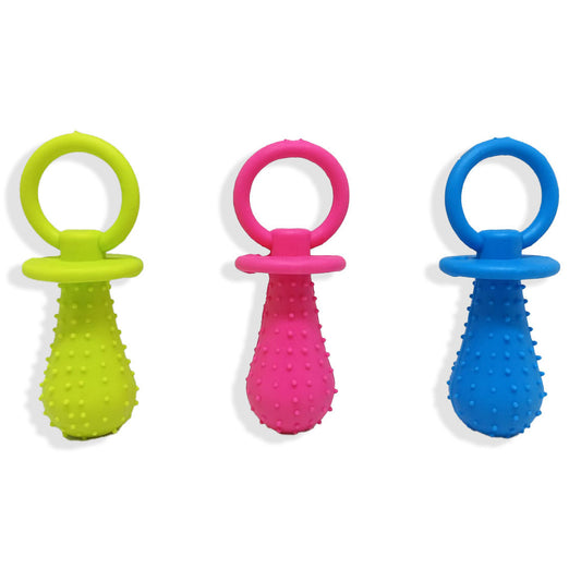 Brinquedo mordedor para cachorro em formato de chupeta 9.5cm, com textura massageadora e cores sortidas, ideal para morder, brincar e aliviar o estresse.
