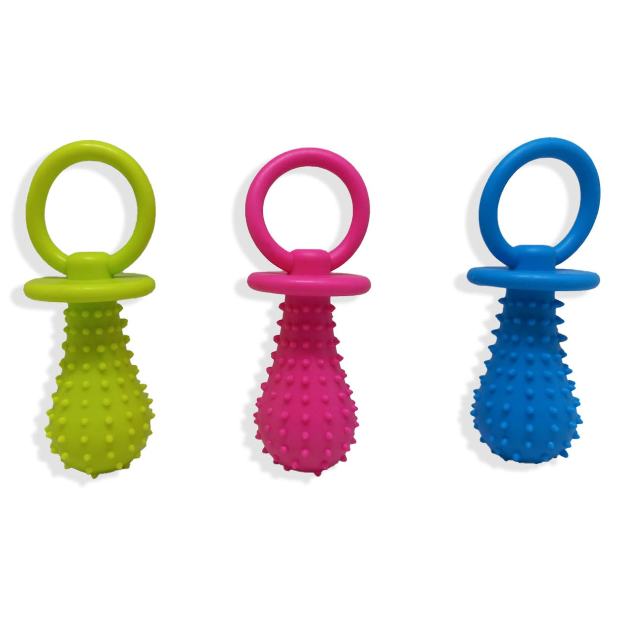 Brinquedo mordedor para cachorro em formato de chupeta 11 cm, com textura massageadora e cores sortidas, ideal para morder, brincar e aliviar o estresse.