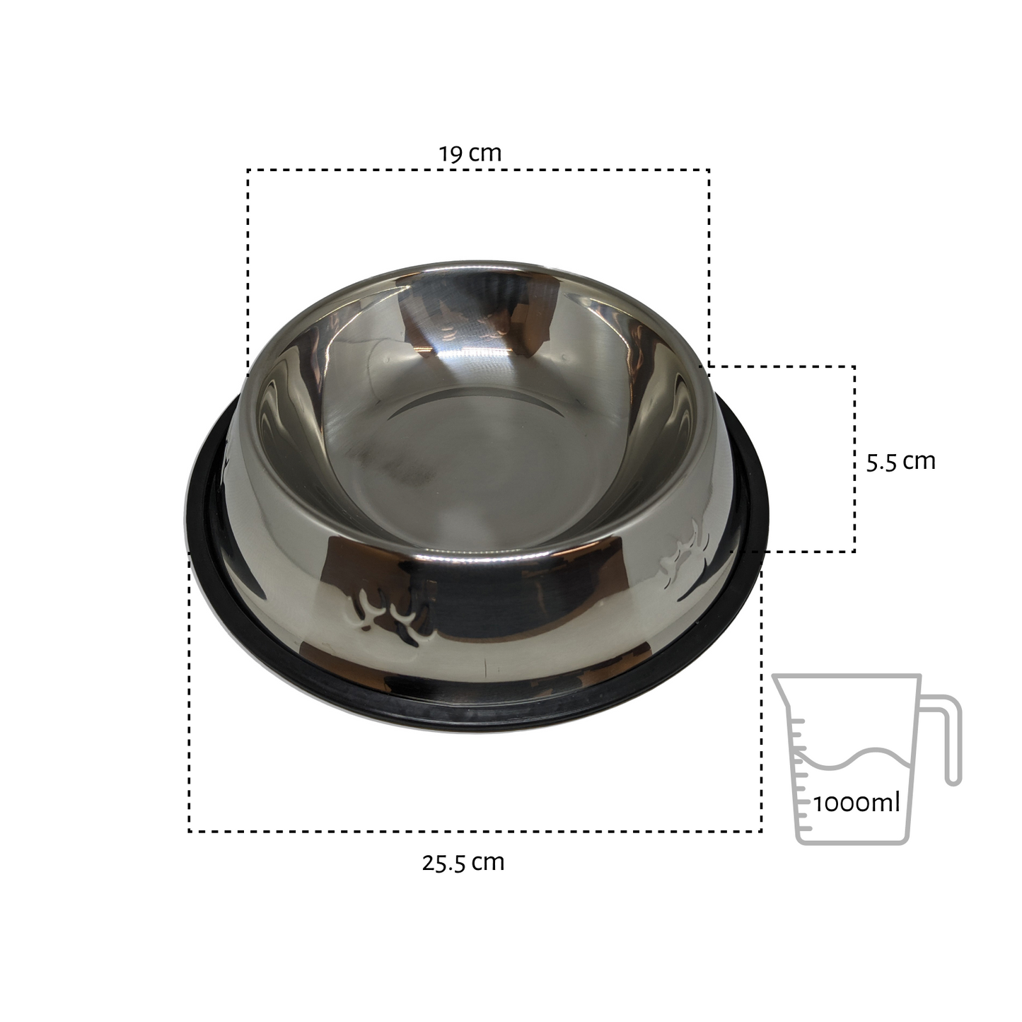Comedouro para cachorro em aço inox 1000ml, com base antiderrapante, acabamento resistente e fácil limpeza para água ou ração do pet. medidas 25.5x19x5.5