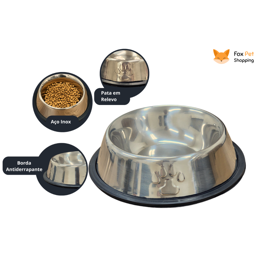 Comedouro de aço inox para pets com pata em relevo, base antiderrapante e design resistente