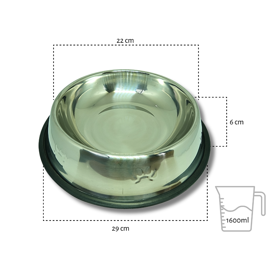 Comedouro de aço inox 1600 ml para pets com base antiderrapante e medidas de 29 x 22 x 6 cm.