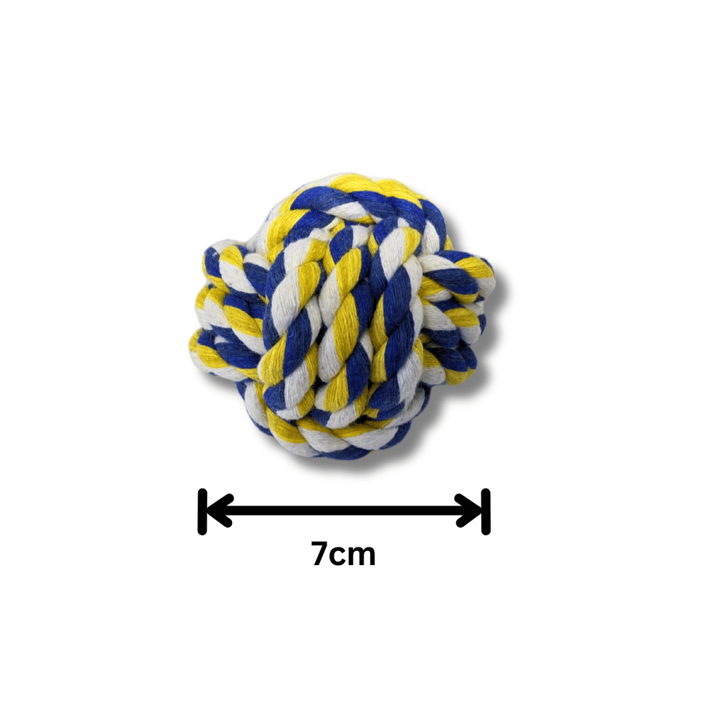 Bola de corda trançada para cachorro 7 cm, resistente e colorida, ideal para morder, brincar, buscar e estimular o pet no dia a dia.