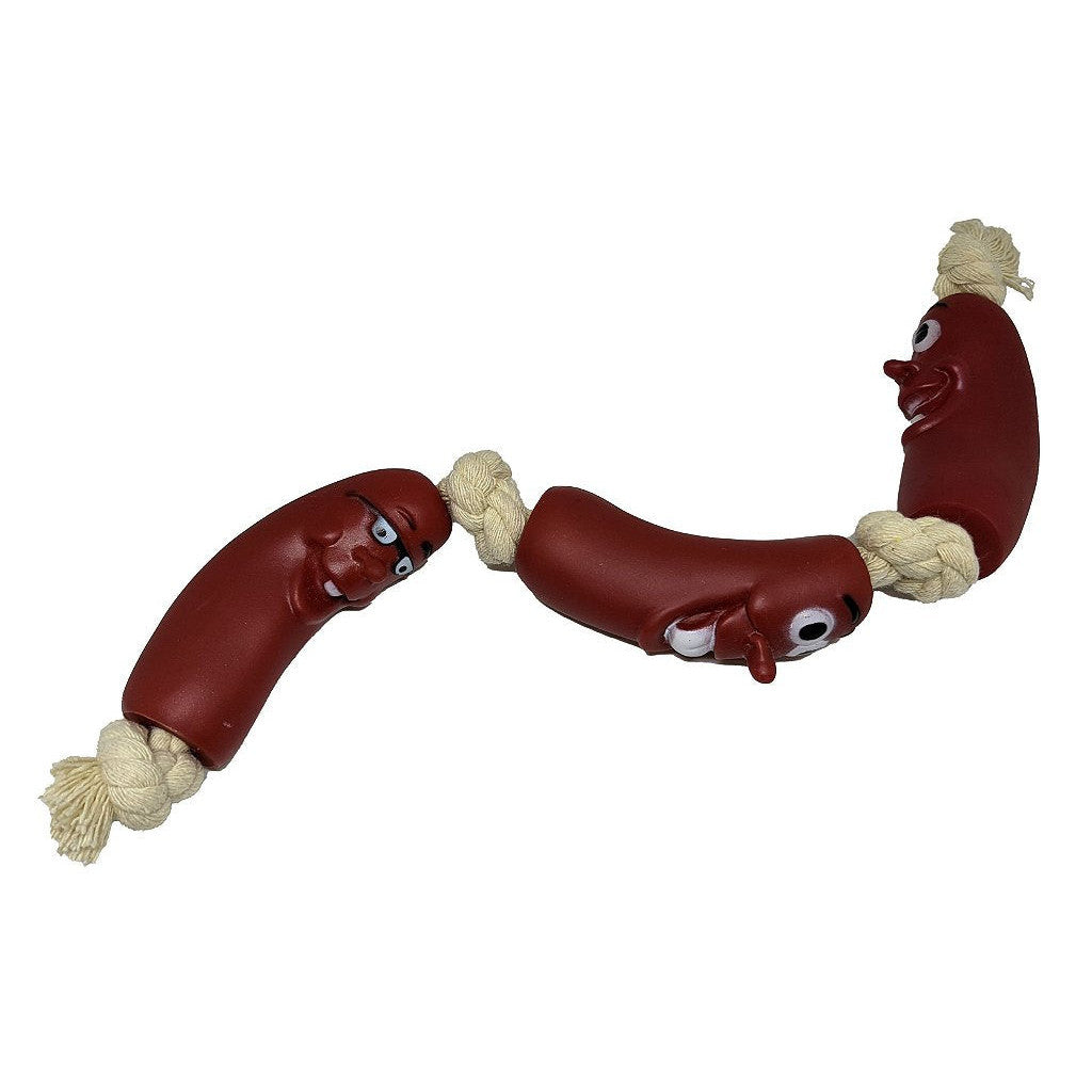 Brinquedo para cachorro com corda e três peças em formato de salsicha marrom, ideal para morder, puxar e brincar.