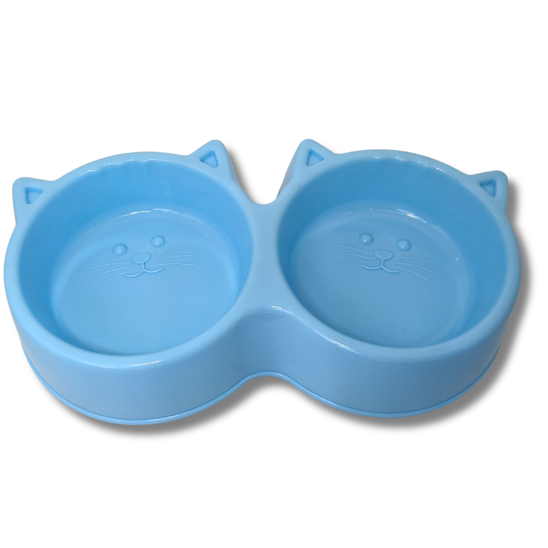 Comedouro duplo para gatos azul em plástico com formato de gatinho