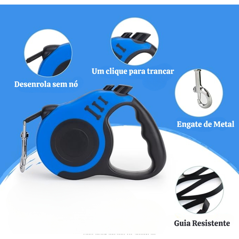 Guia retrátil para cães 3 metros com trava de segurança, fita resistente e pegador anatômico, ideal para passeios com mais controle e conforto.