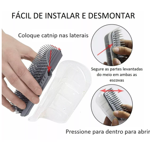 Massageador tira pelos para parede com catnip para gatos, com cerdas macias para escovar, remover pelos soltos e estimular o bem-estar do pet.