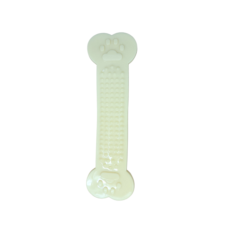 Mordedor dental flexível para pets em formato de osso, indicado para filhotes e cães idosos, cor creme.
