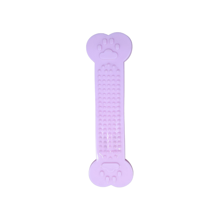 Mordedor dental flexível para pets em formato de osso, indicado para filhotes e cães idosos, cor rosa.