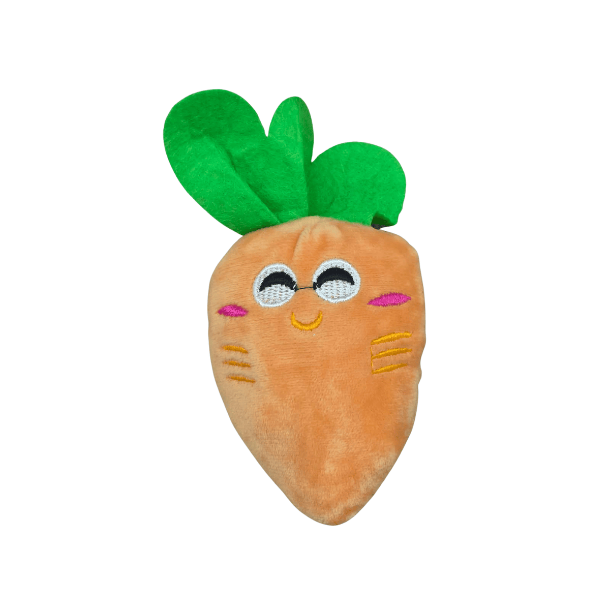 Brinquedo de pelúcia para pets em formato de cenoura laranja, com folhas verdes, olhos fechados bordados, rosto sorridente e detalhes coloridos, feito de tecido macio e aveludado.