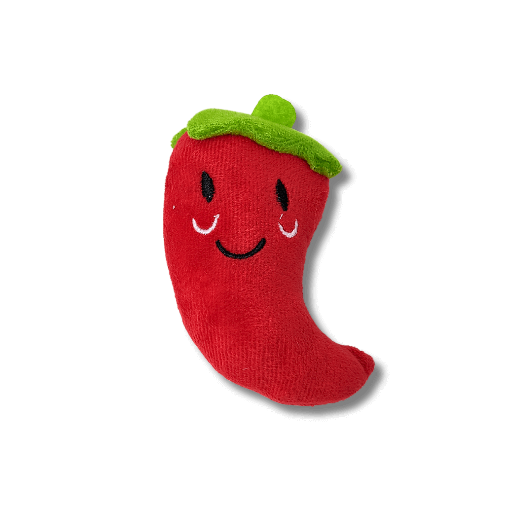 Brinquedo de pelúcia para pets em formato de pimenta vermelha.