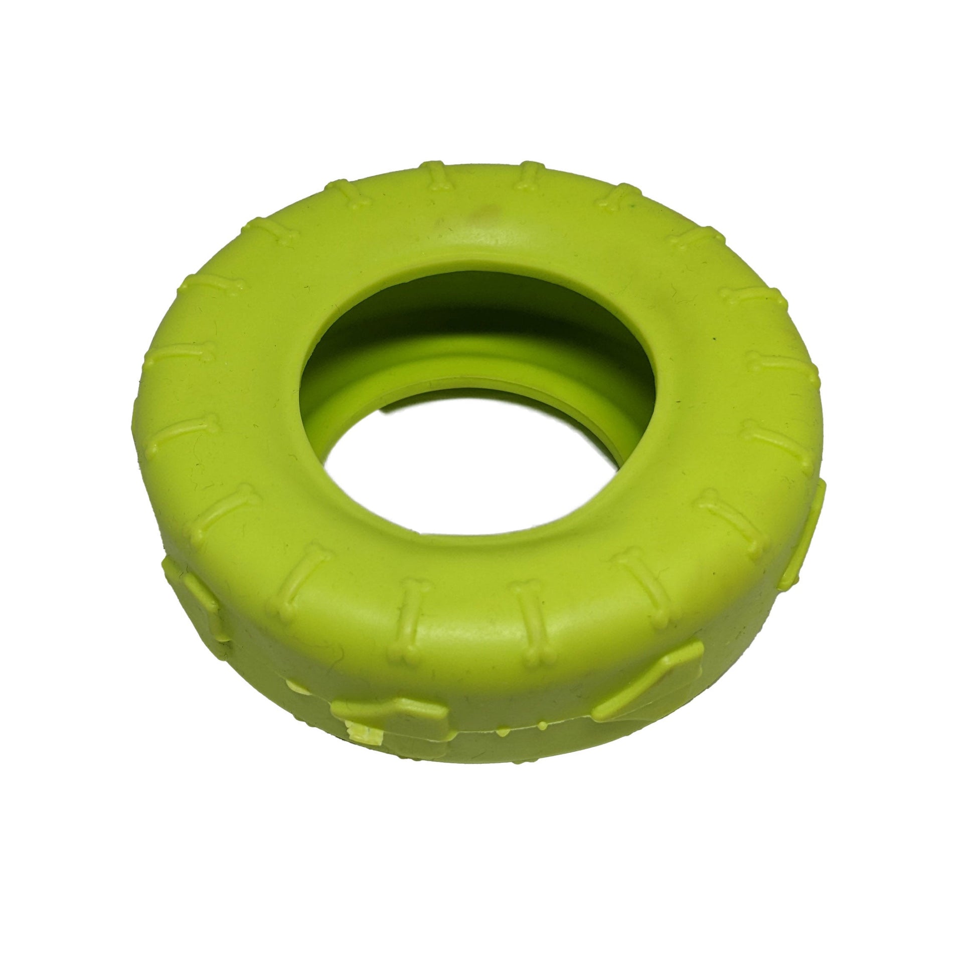 Brinquedo mordedor para cachorro em formato de pneu verde, com textura em relevo, ideal para morder, brincar e ajudar na distração do pet.