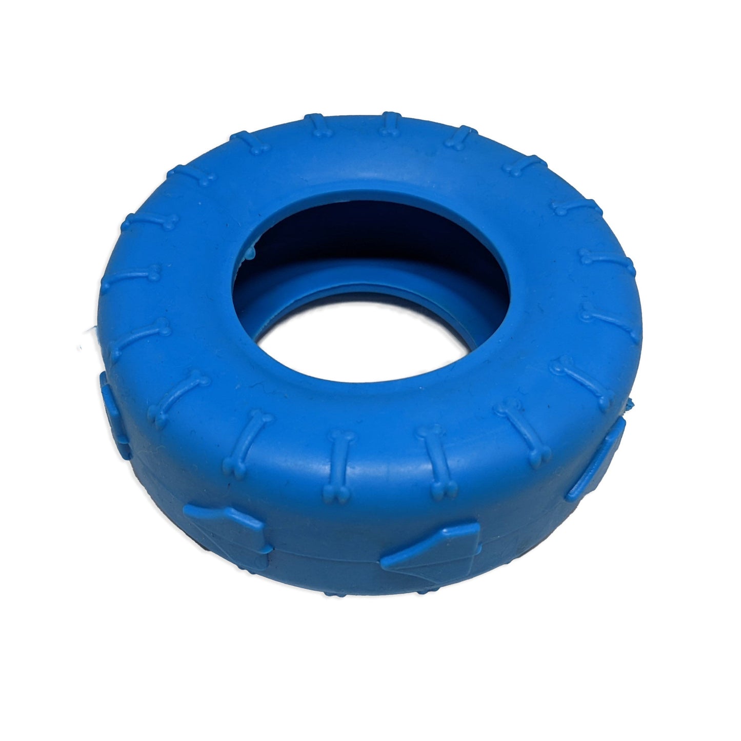 Brinquedo mordedor para cachorro em formato de pneu azul, com textura em relevo, ideal para morder, brincar e ajudar na distração do pet.