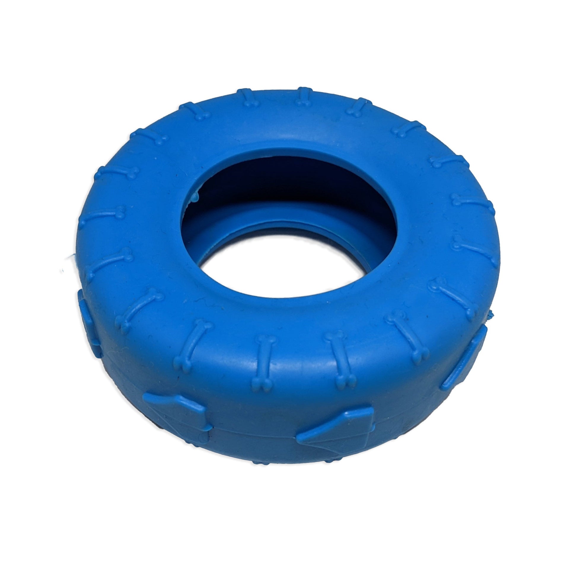 Brinquedo mordedor para cachorro em formato de pneu azul, com textura em relevo, ideal para morder, brincar e ajudar na distração do pet.