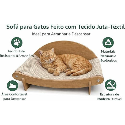 Sofá para gatos com tecido juta e estrutura de madeira, ideal para descanso, arranhar, brincar e oferecer mais conforto ao pet dentro de casa.