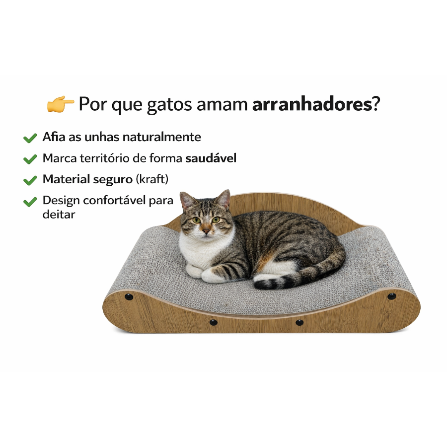 Cama arranhador para gatos em papelão kraft, com formato curvo e superfície ampla para arranhar, descansar e estimular o pet dentro de casa.