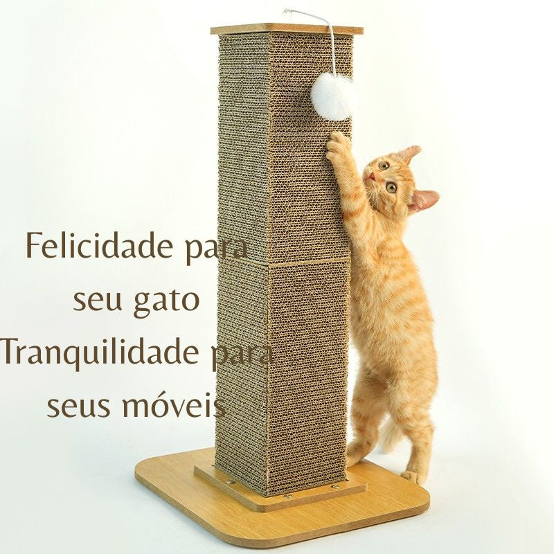 Torre poste arranhador para gatos 56 cm, com estrutura em papelão, base de madeira e bolinha interativa, ideal para arranhar, brincar e estimular o pet.