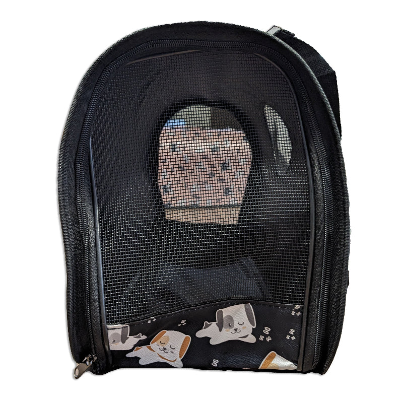 Mochila bolsa de transporte pet para gatos e cães pequenos preta com tela ventilada frontal