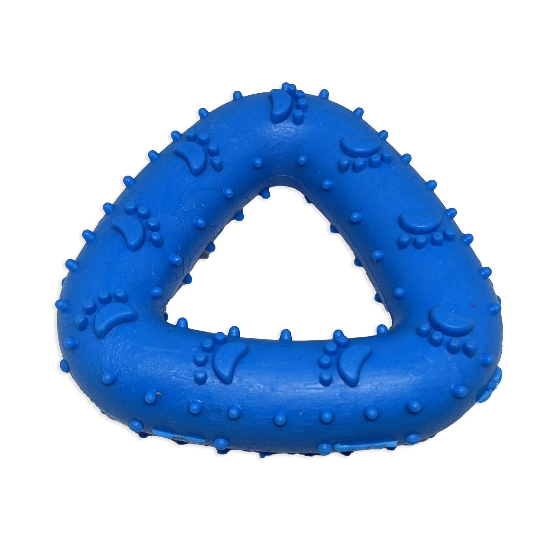 Brinquedo mordedor para cachorro em formato de triangulo azul, com textura massageadora, ideal para morder, brincar e aliviar o estresse.