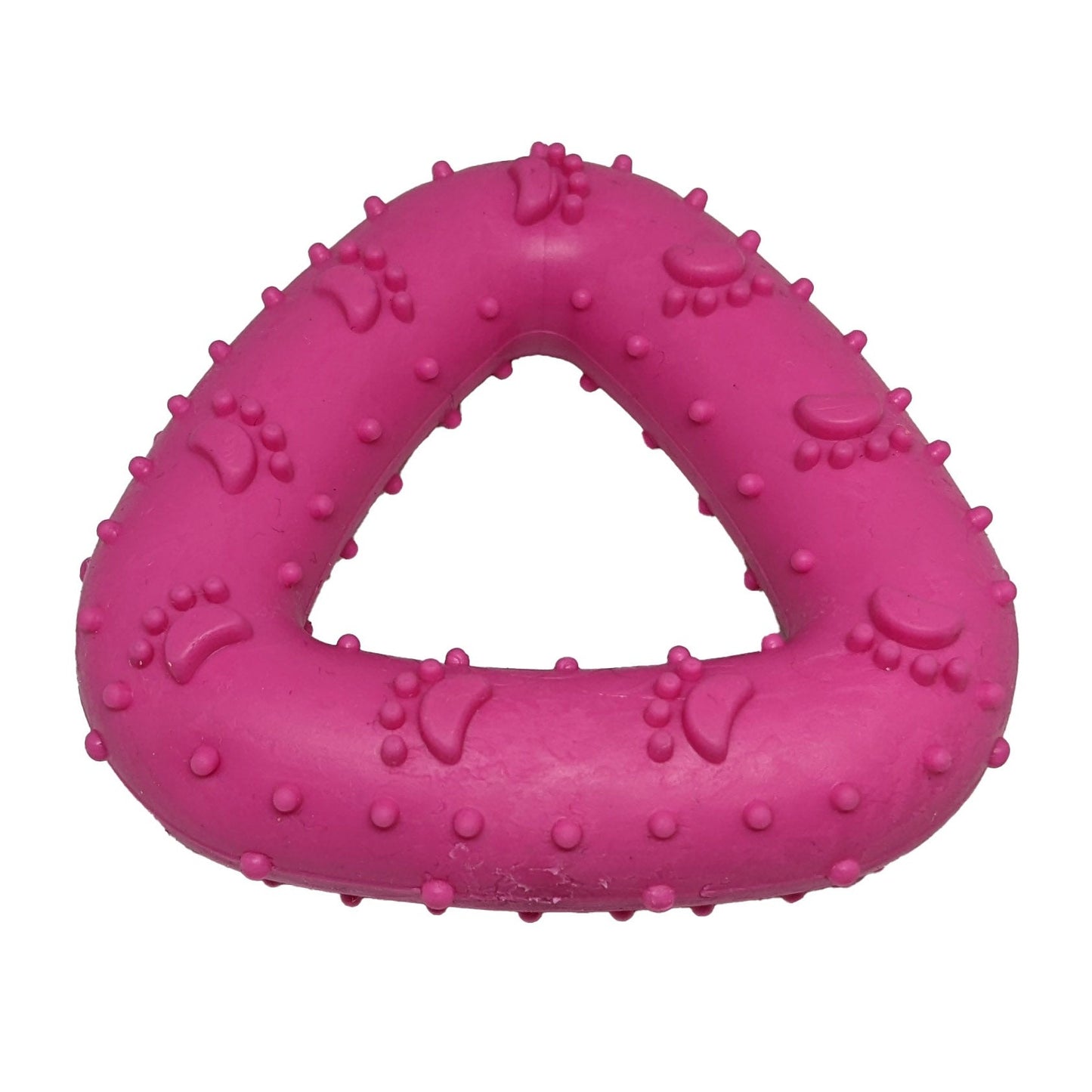 Brinquedo mordedor para cachorro em formato de triangulo rosa, com textura massageadora, ideal para morder, brincar e aliviar o estresse.